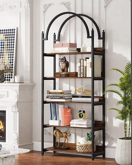 Tribesigns 5-shelf Arched Bookcase, Industrial Metal Etagere Open Bookshelf, Rustic Wood Shelf with Black Metal Frame,72 Inches Tall(1, Brown+Black) - LeafyLoom