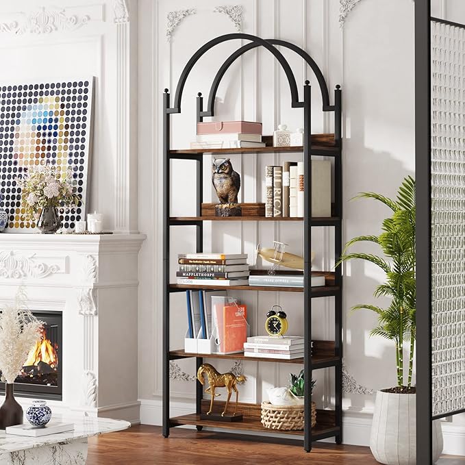Tribesigns 5-shelf Arched Bookcase, Industrial Metal Etagere Open Bookshelf, Rustic Wood Shelf with Black Metal Frame,72 Inches Tall(1, Brown+Black) - LeafyLoom