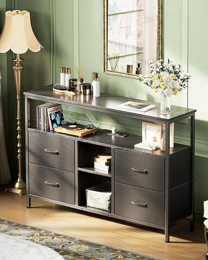 TV Stand Dresser with Power Outlets and LED Lights, 4 Drawers Entertainment Center with Open Shelf, Media Console for 50 43 Inch TV, Dresser with PU Finish, Black - LeafyLoom