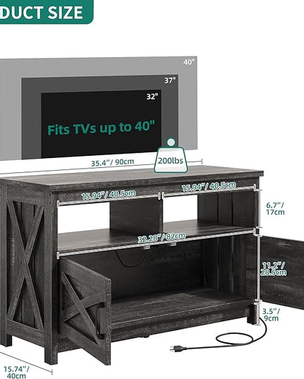 YITAHOME Media Console with LED Light and Power Outlet, Farmhouse TV Stand for up to 40 Inch TV, Rustic Entertainment Center Table TV Cabinet for Living Room, Dark Grey, 35'' Wide - LeafyLoom