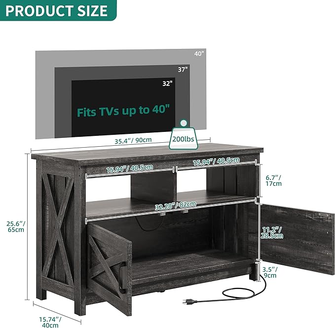 YITAHOME Media Console with LED Light and Power Outlet, Farmhouse TV Stand for up to 40 Inch TV, Rustic Entertainment Center Table TV Cabinet for Living Room, Dark Grey, 35'' Wide - LeafyLoom