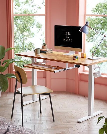 FEZIBO Standing Desk with Keyboard Tray, 55 × 24 Inches Electric Height Adjustable Desk, Sit Stand Up Desk, Computer Office Desk, Light Rustic - LeafyLoom