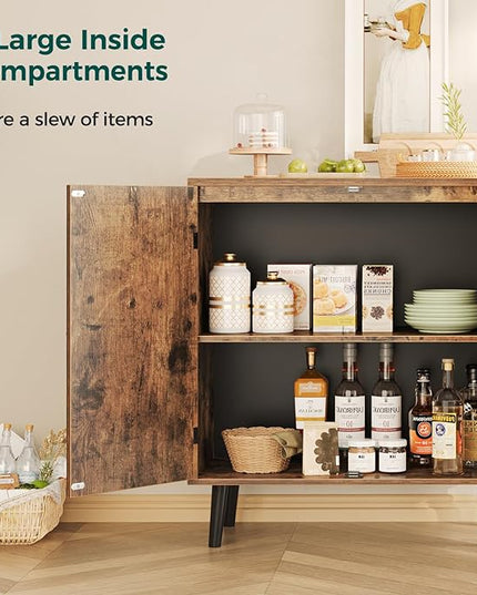 Buffet Cabinet with Storage, Storage Cabinet with 2 Doors, Rustic Brown Cabinet with Solid Wood Feet, Sideboard Cabinet Accent Cabinet, for Kitchen, Entryway, Living Room - LeafyLoom