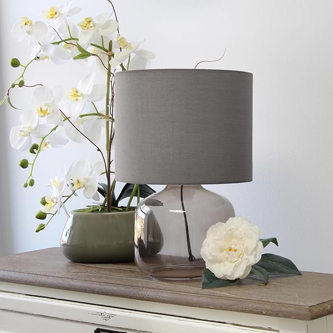 Simple Designs LT2064-SMG Smoke Gray Glass Table Lamp with Gray Fabric Shade - LeafyLoom