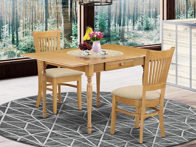 East West Furniture MZVA3-OAK-C Monza 3 Piece Kitchen Set for Small Spaces Contains a Rectangle Table with Dropleaf and 2 Linen Fabric Dining Room Chairs, 36x54 Inch - LeafyLoom