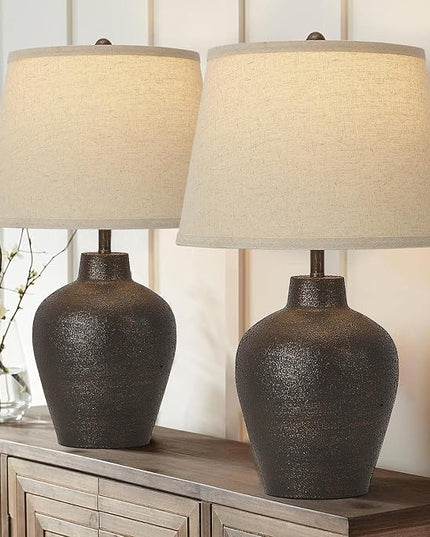 Farmhouse Rustic Table Lamps Set of 2 for Bedroom Living Room End Table Dark Brown Terracotta Nightstand Lamps Bedside Lamps Home Decor 21” Tall, Bulbs Included - LeafyLoom