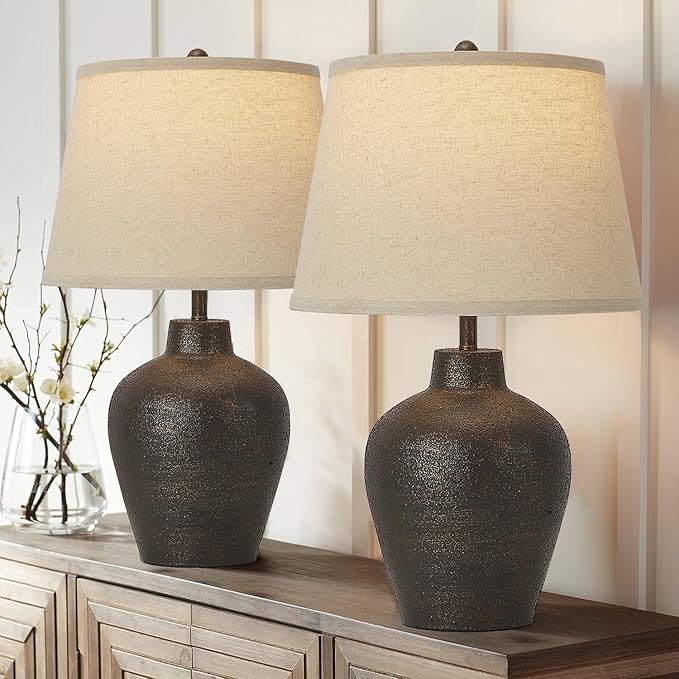 Farmhouse Rustic Table Lamps Set of 2 for Bedroom Living Room End Table Dark Brown Terracotta Nightstand Lamps Bedside Lamps Home Decor 21” Tall, Bulbs Included - LeafyLoom