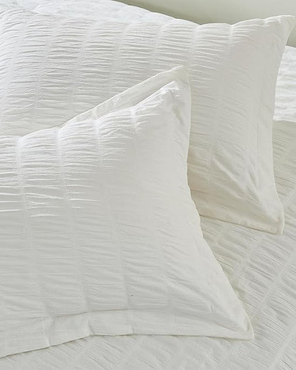 Full/Queen 100% Cotton Comforter Set | White Puckered Striped Down Alternative Comforter | All Season, Linen-Like, Textured 3 Piece Bedding Comforter Set (Full/Queen, White) - LeafyLoom