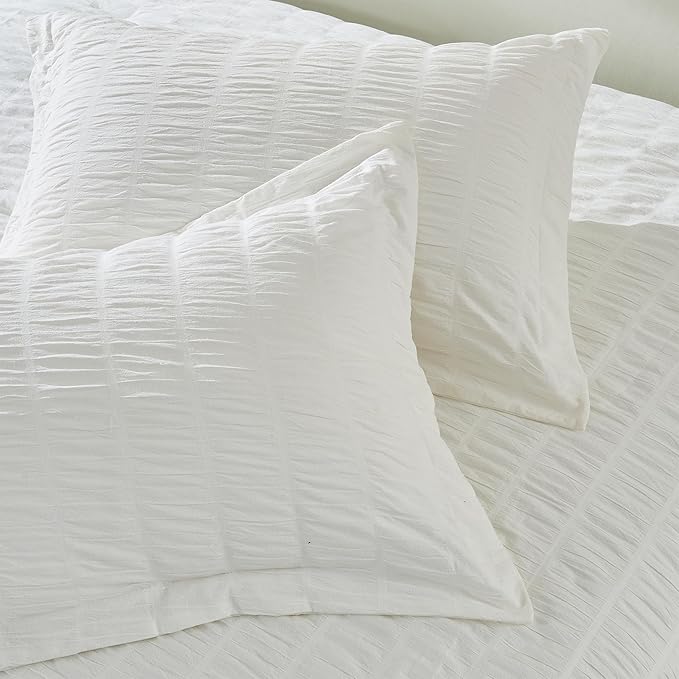 Full/Queen 100% Cotton Comforter Set | White Puckered Striped Down Alternative Comforter | All Season, Linen-Like, Textured 3 Piece Bedding Comforter Set (Full/Queen, White) - LeafyLoom