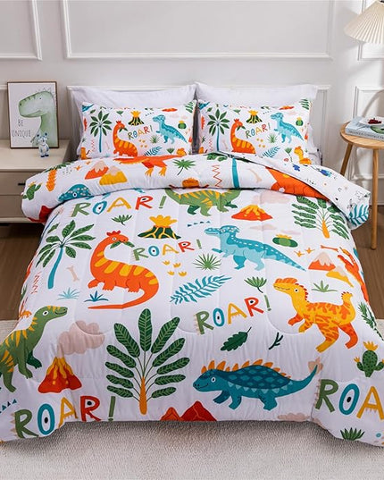 Meeting Story Dinosaur Bedding Set for Boys, Dinosaur Colorful Pattern Style Full Comforter Set, 3 PCS 1 Comforter and 2 Pillowcases in One Bag(Full,White) - LeafyLoom
