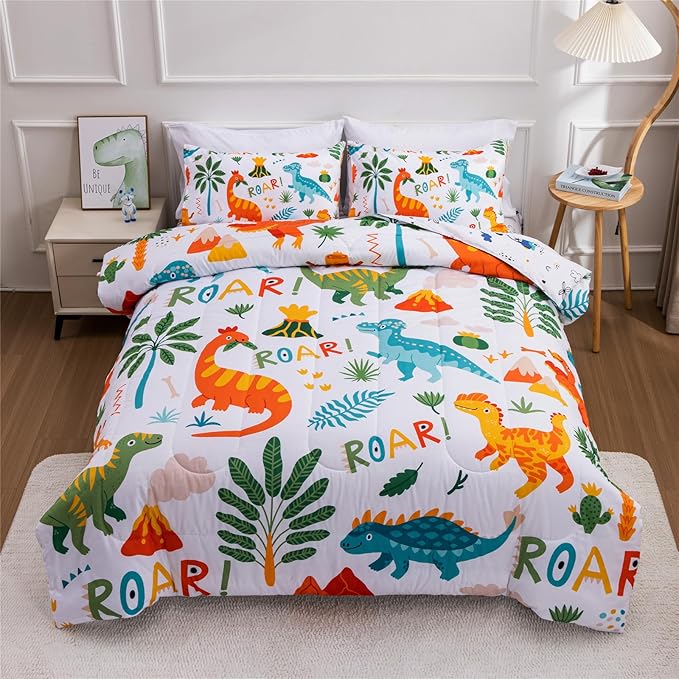 Meeting Story Dinosaur Bedding Set for Boys, Dinosaur Colorful Pattern Style Full Comforter Set, 3 PCS 1 Comforter and 2 Pillowcases in One Bag(Full,White) - LeafyLoom
