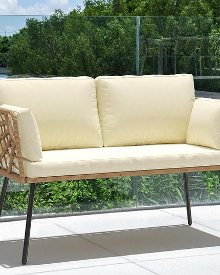 YITAHOME Wicker Outdoor Loveseat, All-Weather Patio Sofa for Balcony, Backyard, Pool, Porch, Deck, Outdoor Sectional Furniture Set with Table & Cushions - Beige - LeafyLoom