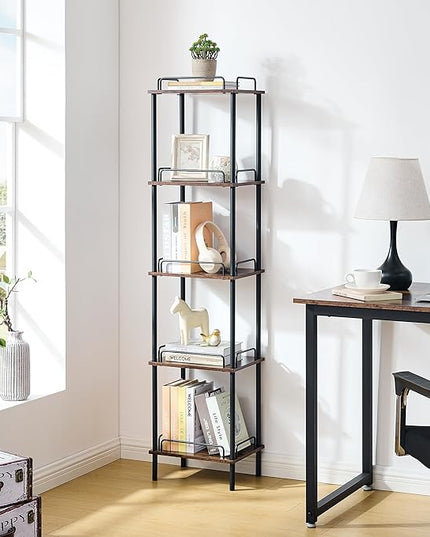 5-Tier Tall Bookshelf, Narrow Bookcase with guardrail, Freestanding Storage Stand Display Rack for Living Room, Bedroom, Home Office, Rustic Brown and Black - LeafyLoom