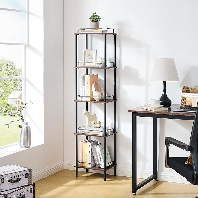 5-Tier Tall Bookshelf, Narrow Bookcase with guardrail, Freestanding Storage Stand Display Rack for Living Room, Bedroom, Home Office, Rustic Brown and Black - LeafyLoom