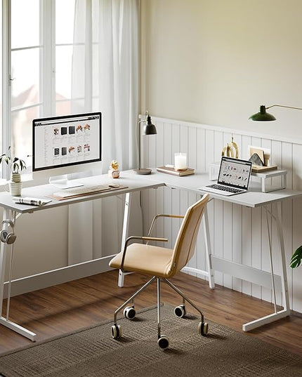 BANTI L Shaped Gaming Computer Office Desk, 47" Corner Desk with Monitor Stand for Home Office Study Writing Workstation, White - LeafyLoom