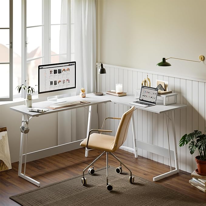 BANTI L Shaped Gaming Desk Computer Office Desk, 59 inch Corner Desk with Large Monitor Stand for Home Office Study Writing Workstation, White - LeafyLoom