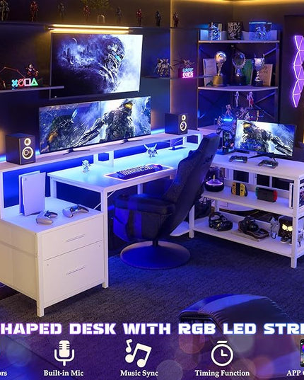 Aheaplus L Shaped Desk with File Drawer, 66" Reversible L Shaped Computer Desk with Power Outlet & LED Strip, Gaming Desk with Long Monitor Stand, Office Desk Corner Desk with Storage Shelf, White - LeafyLoom