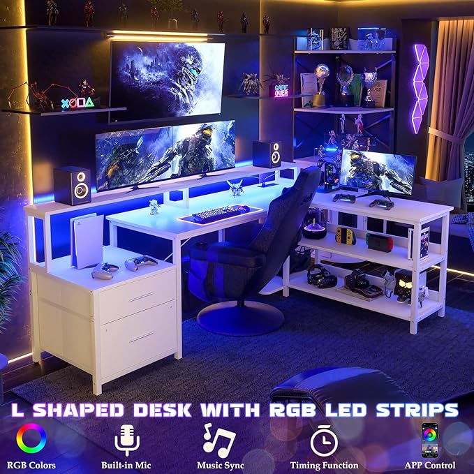 Aheaplus L Shaped Desk with File Drawer, 66" Reversible L Shaped Computer Desk with Power Outlet & LED Strip, Gaming Desk with Long Monitor Stand, Office Desk Corner Desk with Storage Shelf, White - LeafyLoom