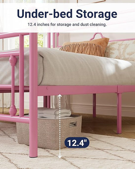 Allewie Queen Size Metal Platform Bed Frame with Victorian Vintage Headboard and Footboard/Mattress Foundation/Under Bed Storage/No Box Spring Needed/Noise-Free/Easy Assembly, Pink - LeafyLoom