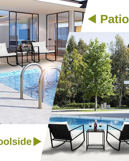 Outvita 3-Piece Rocking Bistro Set, Outdoor Wicker Patio Furniture Set with Glass Coffee Table Perfect for Outdoor Porch, Balcony and Garden (White) - LeafyLoom