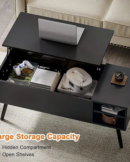 Coffee Table Lift Top - Black Coffee Table with Lifting Top and Hide Compartment Storage - Rectangle Coffee Table Wood - Lift up Coffee Tables for Living Room - LeafyLoom
