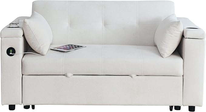 4 in 1 Multifunctional Convertible Loveseat Sleeper Sofa Bed,Soft Chenille Tufted Love Seats Sofabed W/Pull Out Sleep Couch,Armrests Storage,Cupholders,USB Ports,Pillows and Side Pockets - LeafyLoom
