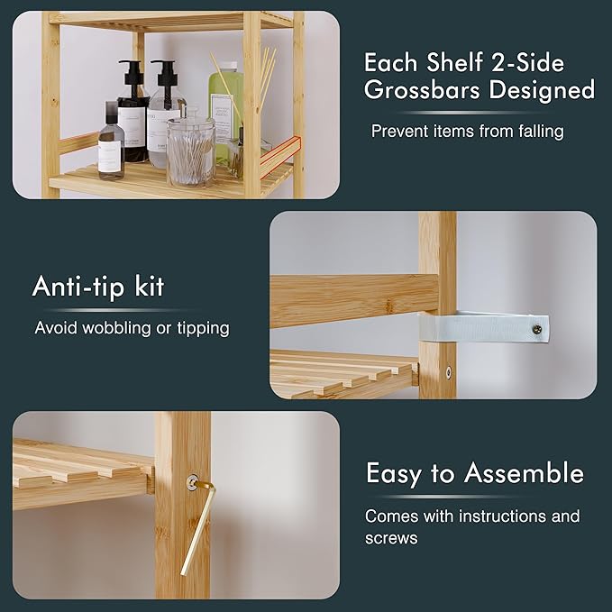 Tall Narrow Bookshelf, 5 Tier Bathroom Shelf Bamboo, Floor Standing Display Storage Organizer for Small Space, Adjustable Shelves, Natural Wood Bookcase - LeafyLoom