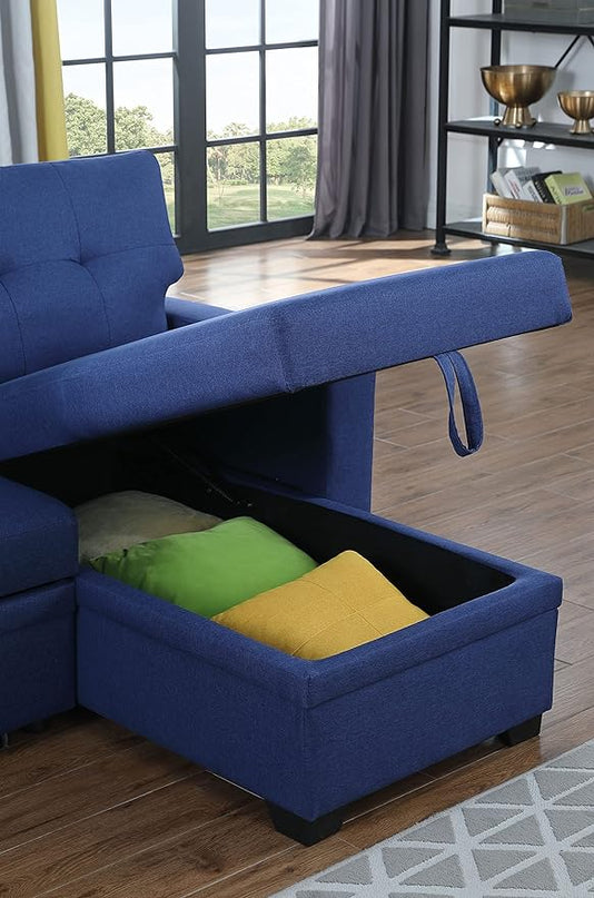 L Shaped Convertible Sofa, 82 Inch Sectional Couch Chaise, Linen Reversible Upholstered Pull Out Bed, Storage Space for Living Room, Apartment and Office, Blue, 82inch - LeafyLoom