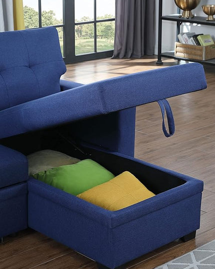 L Shaped Pull Out Sectional Sofa with Storage Chaise, 82 Inch Linen Upholstered Reversible Couch Sleeper Bed, for Living Room, Apartment and Office, 82, Blue-1 - LeafyLoom