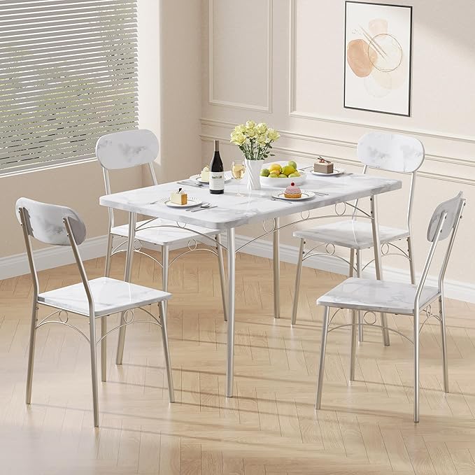 VECELO Dining Table Set for 4 5 Piece Dinette with Chairs for Kitchen, Breakfast Nook and Small Space, 43.3", White - LeafyLoom