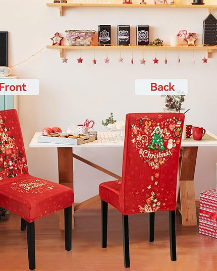 6PCS Christmas Dining Chair Covers, Stretch Removable Washable Dining Room Chair Protector Slipcovers, Xmas Tree Heart Kitchen Chair Cover, Slipcover Protector for Xmas Holiday Party Home Décor CZL