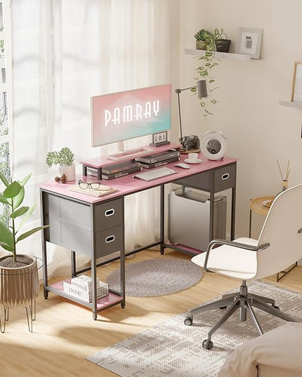 Pamray 55 Inch Computer Desk with Non-woven Storage Drawers and Monitor Stand Home Office Desk for Bedroom Study Table Writing and Work Desk Pink - LeafyLoom