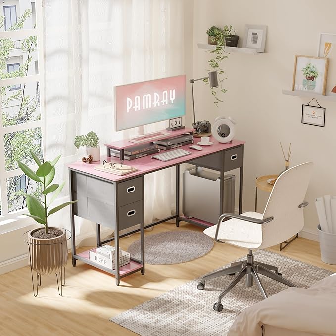 Pamray 55 Inch Computer Desk with Non-woven Storage Drawers and Monitor Stand Home Office Desk for Bedroom Study Table Writing and Work Desk Pink - LeafyLoom