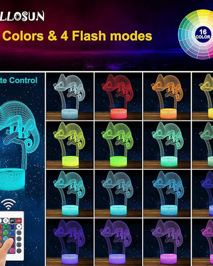 FULLOSUN Chameleon 3D Night Light Lizard Projection LED Lamp Baby Nursery Nightlight for Kids' Room Home Decor Xmas Birthday Gifts with Remote Control 16 Color Changing - LeafyLoom