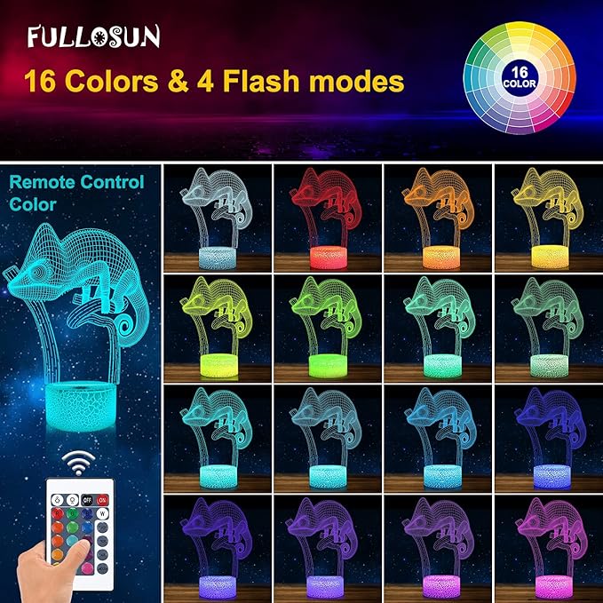 FULLOSUN Chameleon 3D Night Light Lizard Projection LED Lamp Baby Nursery Nightlight for Kids' Room Home Decor Xmas Birthday Gifts with Remote Control 16 Color Changing - LeafyLoom