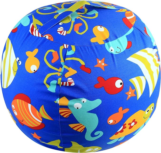 Stuffed Animal Storage Bean Bag Chairs Toy Storage Organizer Bean Bags Chair Cover for Kids 24" Cotton Canvas Beanbag with Zipper for Organizing Kid's and Adults Room, (Blue sea world, 24" x 1) - LeafyLoom