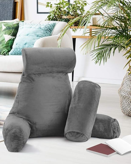 Clara Clark Reading Pillow, Large Back Pillow for Sitting Up in Bed, Memory Foam Back Support Pillow, Reading Pillows for Sitting in Bed Adult, Grey Sit Up Pillow for Bed Chair with Arms and Pockets - LeafyLoom