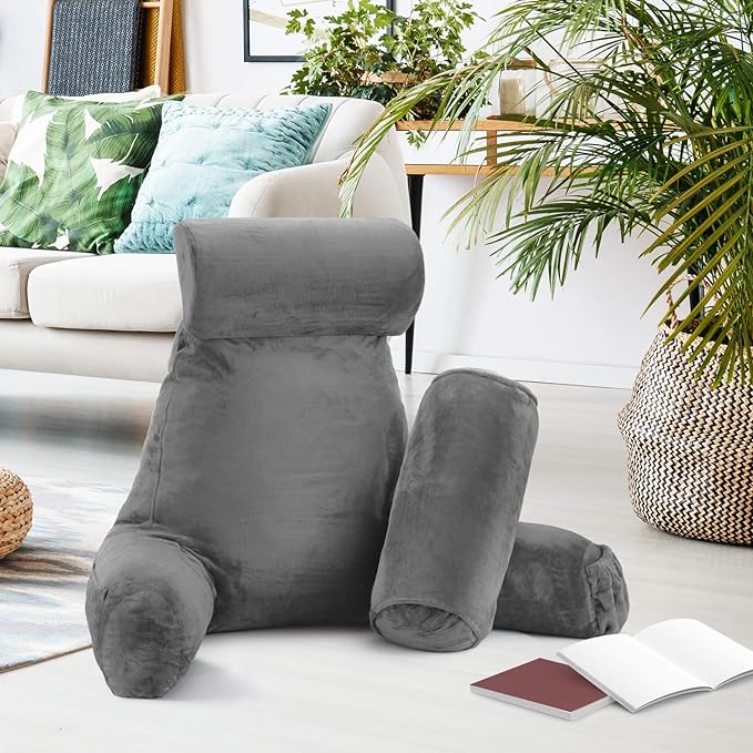 Clara Clark Reading Pillow, Large Back Pillow for Sitting Up in Bed, Memory Foam Back Support Pillow, Reading Pillows for Sitting in Bed Adult, Grey Sit Up Pillow for Bed Chair with Arms and Pockets - LeafyLoom