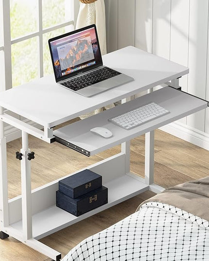 Tribesigns Portable Desk for Sofa and Bed, Height Adjustable Mobile Laptop Table Small Standing Desk Rolling Computer Cart with Keyboard Tray on Wheels for Home Office (White) - LeafyLoom