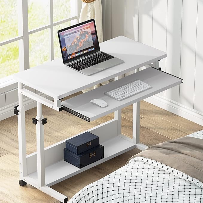 Tribesigns Portable Desk for Sofa and Bed, Height Adjustable Mobile Laptop Table Small Standing Desk Rolling Computer Cart with Keyboard Tray on Wheels for Home Office (White) - LeafyLoom