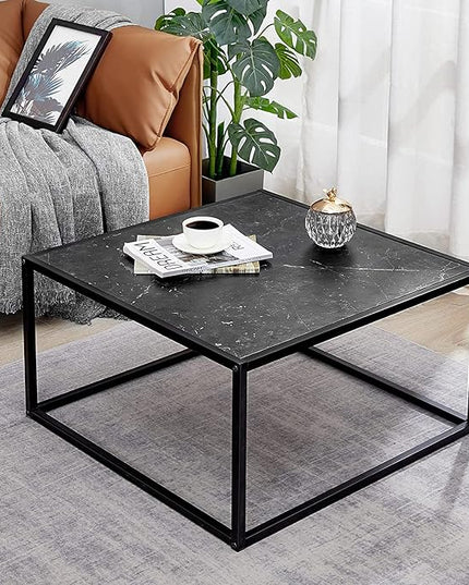 SAYGOER Black Coffee Table Small Square Coffee Table Simple Modern Center Table for Living Room Home Office 27.6 * 27.6 * 15.7Inch Easy Assembly, Black Faux Marble Top with Metal Frame - LeafyLoom