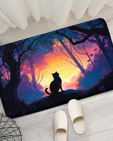 Magic Black Cat Rug - Moon Cat Rug for Girls Room Forestscape Cat Area Rug Black Cat Door Mat Colorful Rug with Black Cat Pattern, 2x3 Feet - LeafyLoom