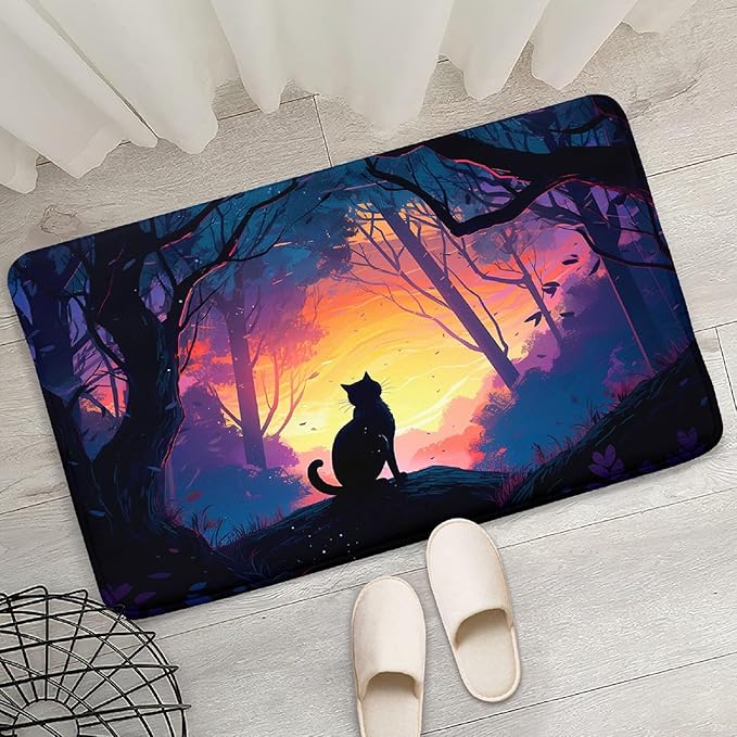 Magic Black Cat Rug - Moon Cat Rug for Girls Room Forestscape Cat Area Rug Black Cat Door Mat Colorful Rug with Black Cat Pattern, 2x3 Feet - LeafyLoom