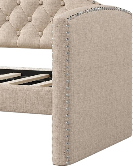 Merax Linen Upholstered Daybed with Twin Size Trundle Bed, Daybed Frame with Button Tufting for Living Room,Guest Room,Wood Slat Support, Beige - LeafyLoom