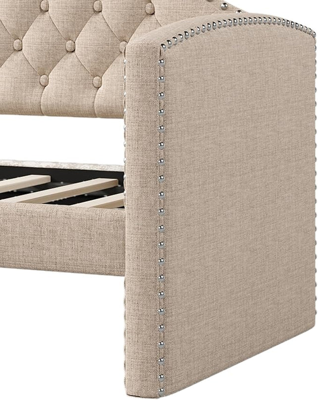 Merax Linen Upholstered Daybed with Twin Size Trundle Bed, Daybed Frame with Button Tufting for Living Room,Guest Room,Wood Slat Support, Beige - LeafyLoom