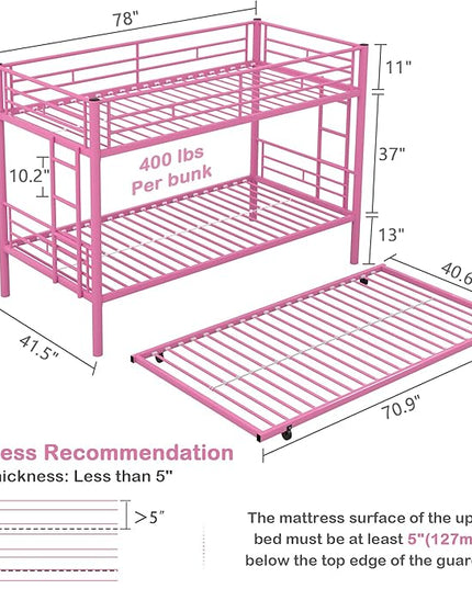 VECELO Twin Over Twin Bunk Bed with Trundle, Metal Bunkbeds with Ladder and Full-Length Guardrail, Noise Free, No Box Spring Needed, Pink - LeafyLoom