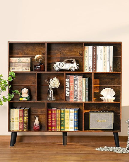LEYAOYAO 10 Cube Bookshelf,3 Tier Modern Wide Bookcase with Legs,Mid-Century Wood Bookshelves Storage，Brown Large Book Case,Freestanding Organizer Display Shelf for Bedroom,Living Room,Office - LeafyLoom
