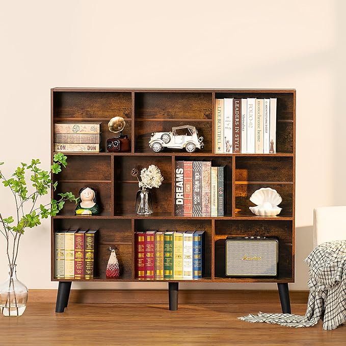 LEYAOYAO 10 Cube Bookshelf,3 Tier Modern Wide Bookcase with Legs,Mid-Century Wood Bookshelves Storage，Brown Large Book Case,Freestanding Organizer Display Shelf for Bedroom,Living Room,Office - LeafyLoom