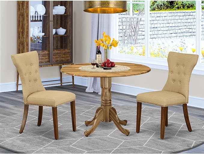 East West Furniture Dublin 3 Piece Kitchen Set for Small Spaces Contains a Round Dining Room Table with Dropleaf and 2 Brown Linen Fabric Padded Chairs, 42x42 Inch, DLGA3-ANA-03 - LeafyLoom