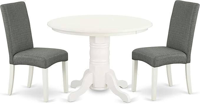 East West Furniture SHDR3-LWH-07 3 Piece Set for Small Spaces Contains a Round Kitchen Table with Pedestal and 2 Gray Linen Fabric Parson Dining Chairs, 42x42 Inch - LeafyLoom